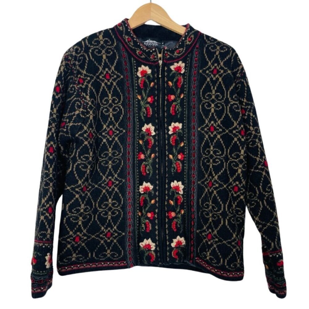 Vintage Icelandic Design 100% Wool Floral European Style Zip Jacket Size: M